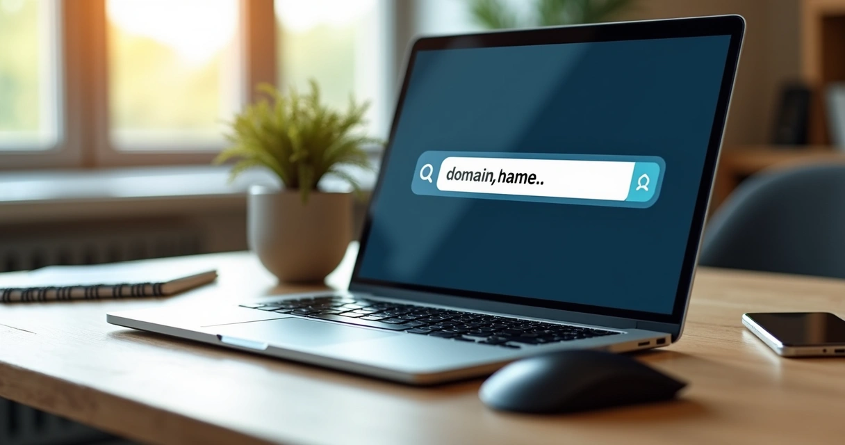 Computador moderno com tela exibindo domínio de site e teclado ao fundo