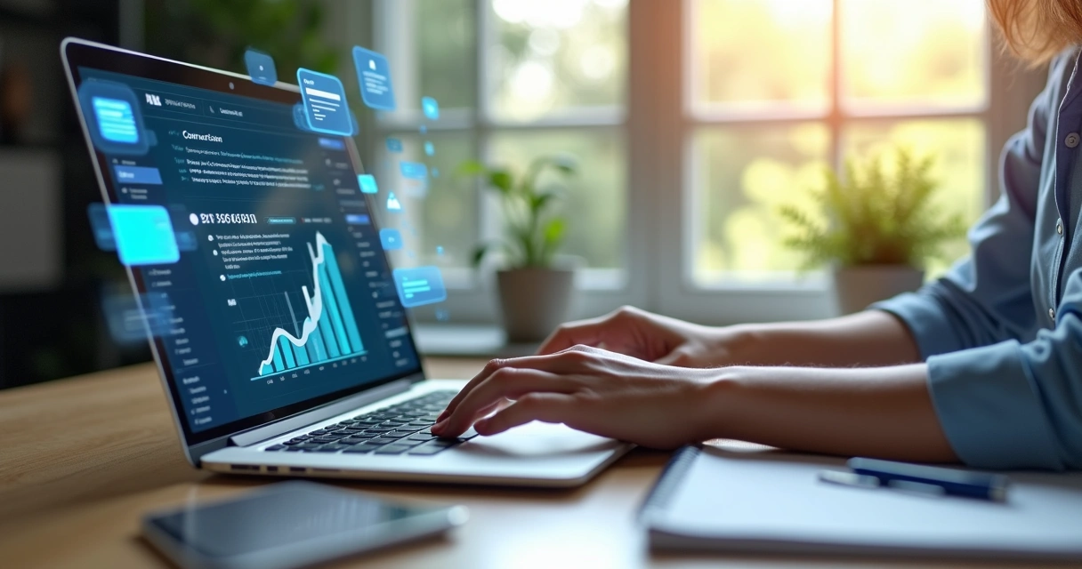 Pessoa escrevendo textos persuasivos em laptop com gráficos de conversão e elementos digitais ao redor