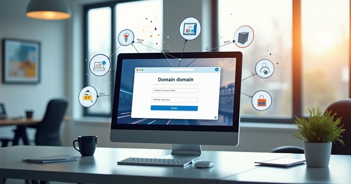 Computador com tela exibindo processo de registro de domínio e ícones digitais ao redor