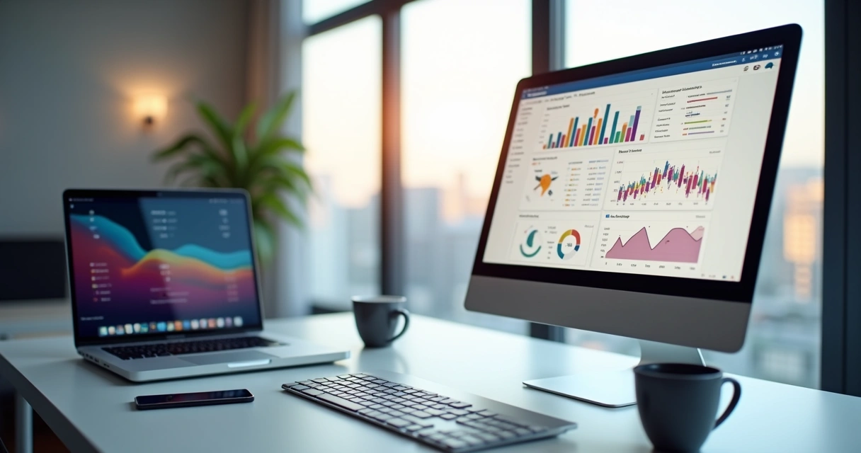 Tela de computador exibindo relatórios detalhados do Google Analytics com gráficos coloridos e métricas de visitas