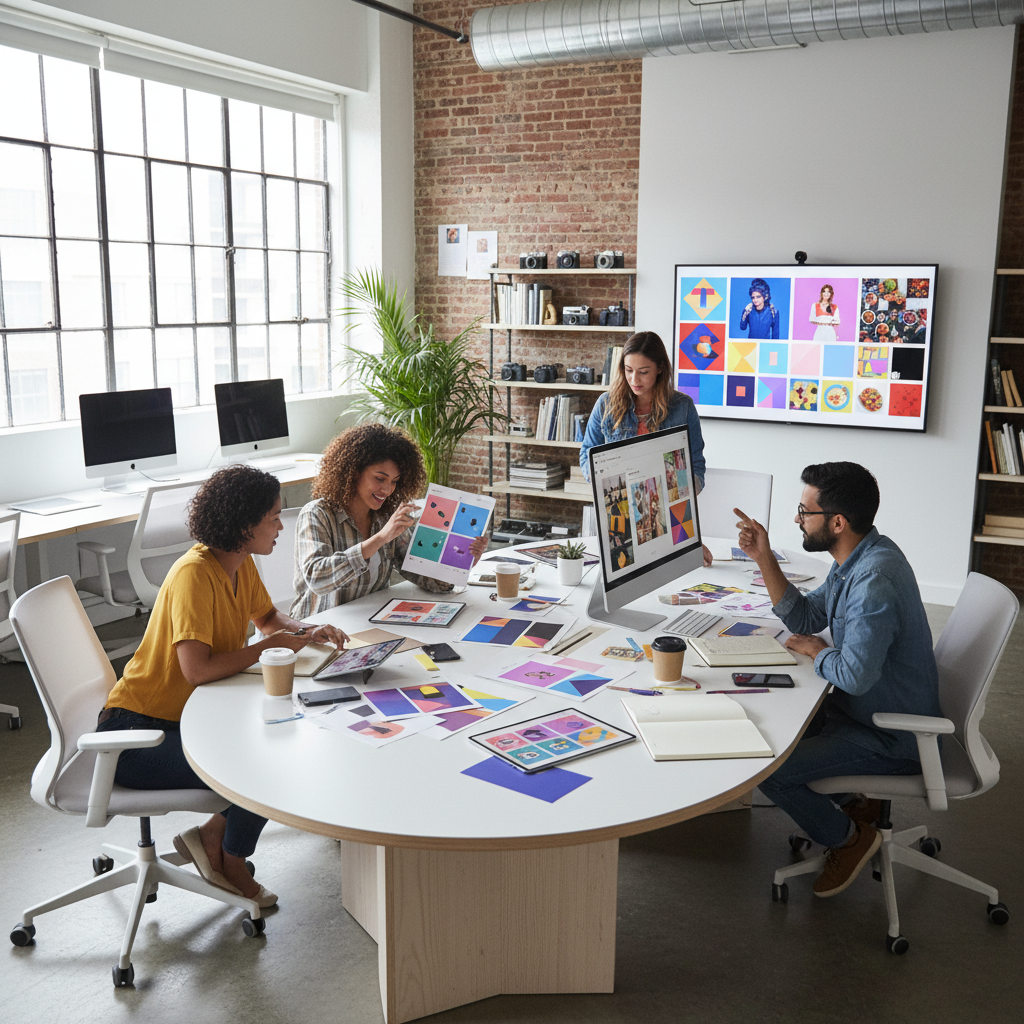 A creative workspace with designers brainstorming over colorful social media posts, professional photography